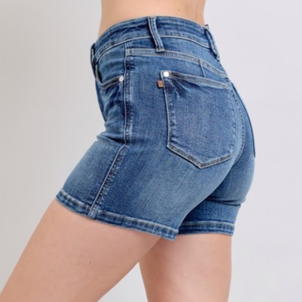 Judy Blue High Rise Waist Denim Slim Fit Classic Retro Mid-Length Jean Shorts - Picture 2 of 13